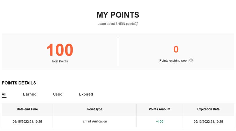 shein sign up points